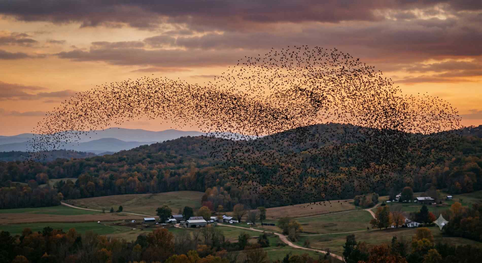 starling murmuration over a rural Virginia landscape
