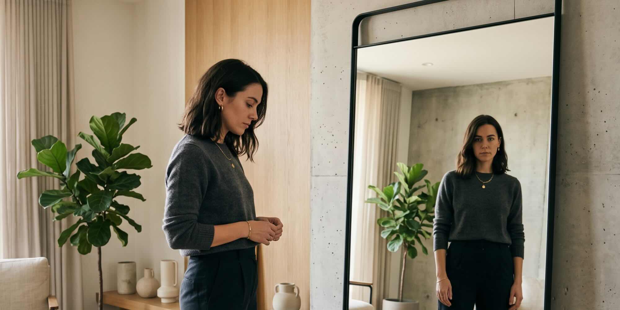 woman standing before a large mirror, but the reflection shows a subtly different version of her — same figure, different posture, different expression