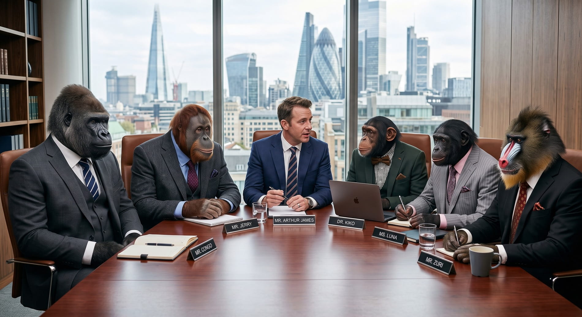 Male primates in suits sitting around a conference table