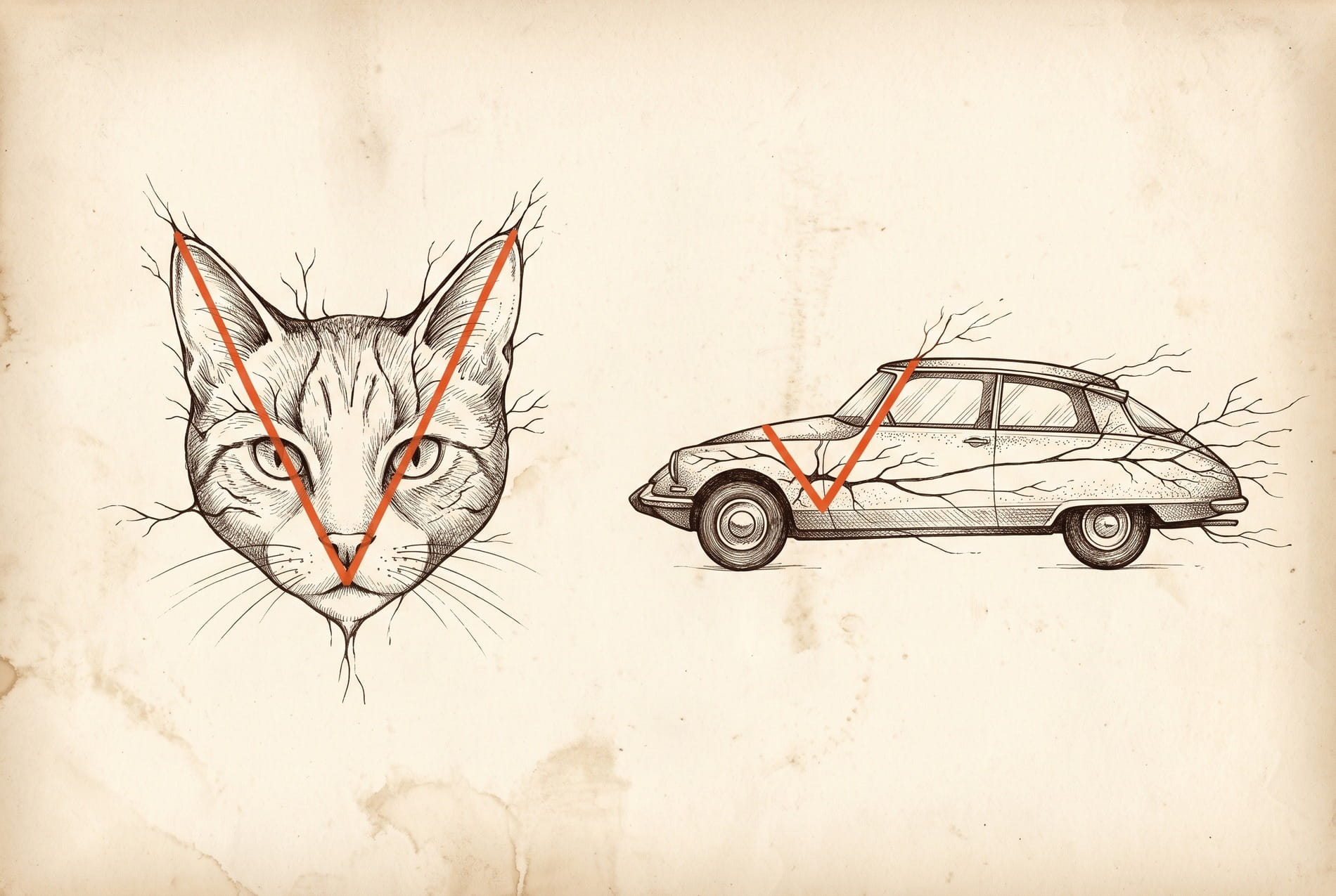 illustration of a cat and a car with dendrites and shared orange V shape highlighted