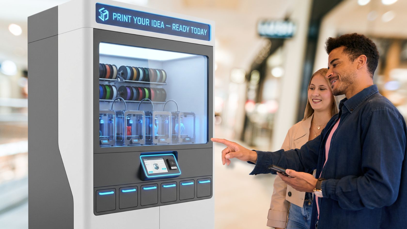 Young couple using 3D printing vending machine on city street