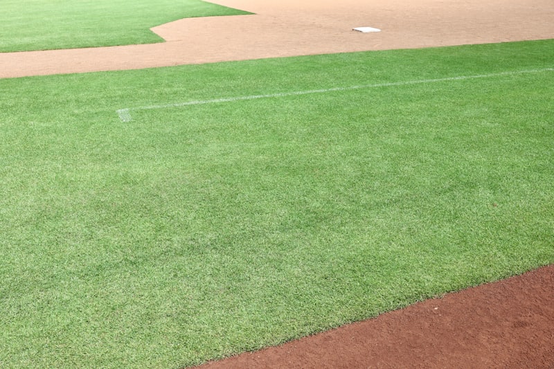 Close-up of a baseball diamond showing grass and dirt infield lines