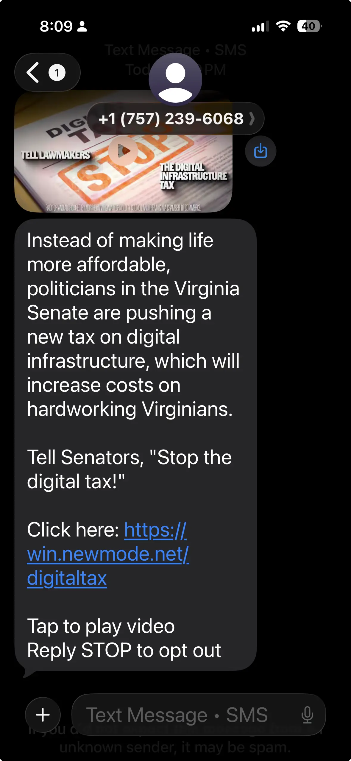 screenshot of data center marketing text message