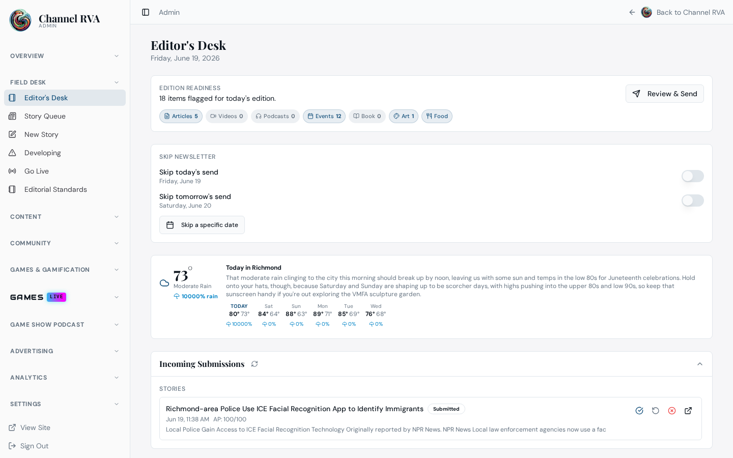 Channel RVA Editor's Desk admin interface showing edition readiness and daily editorial controls