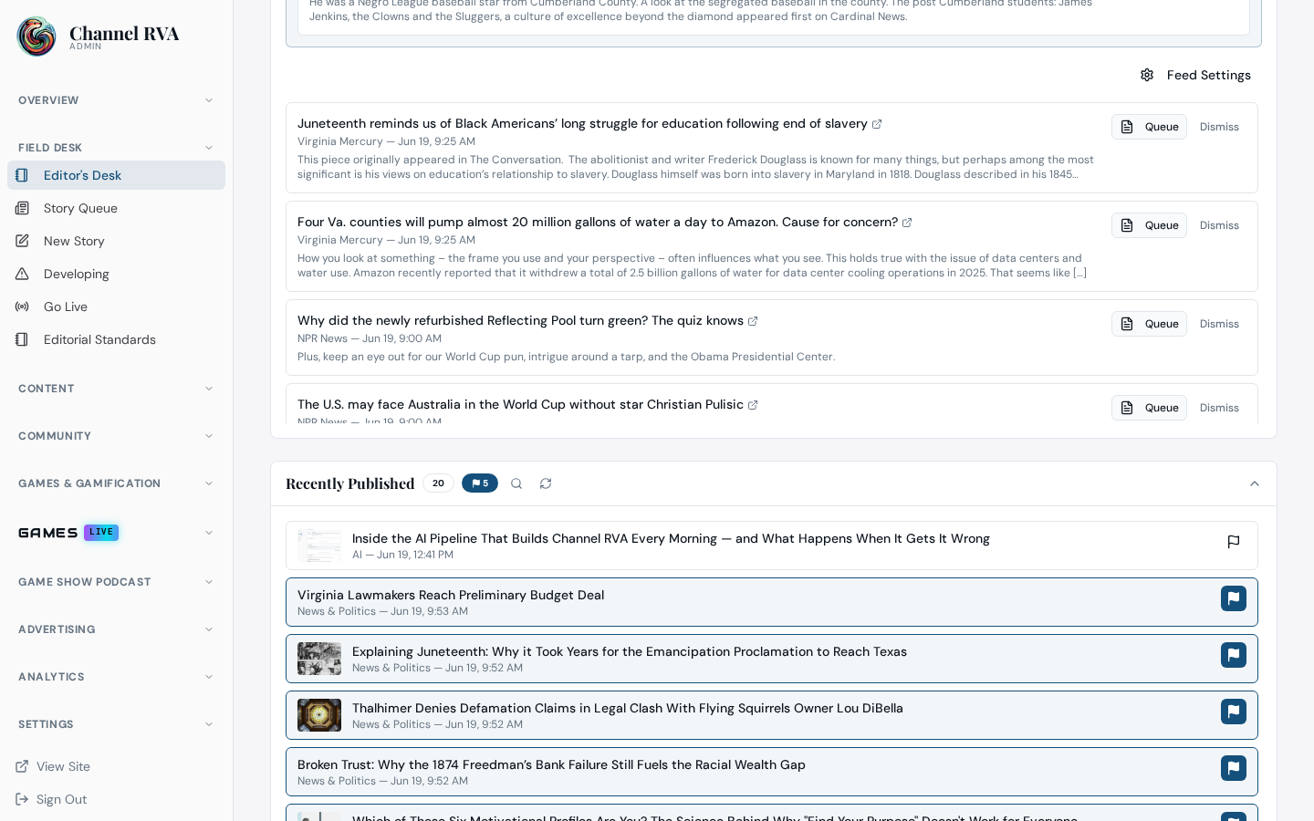 Channel RVA Editor's Desk showing recently published items available for newsletter selection