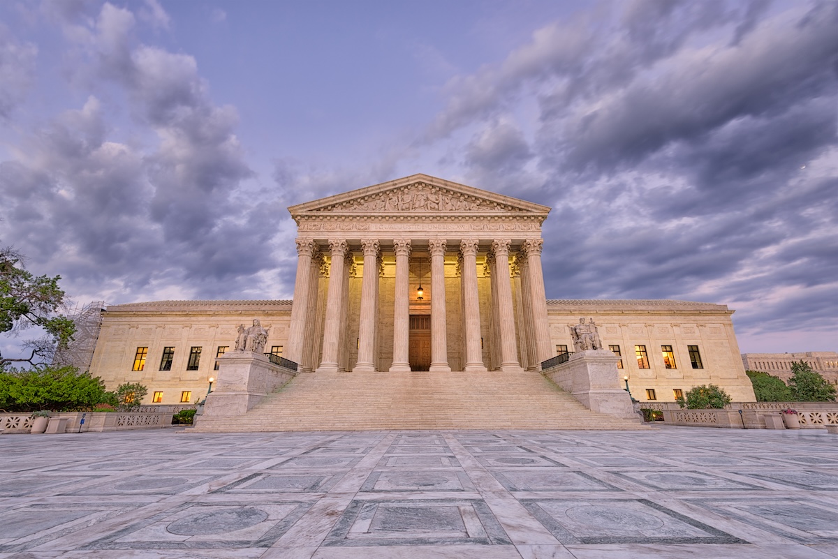 The U.S. Supreme Court building at dusk