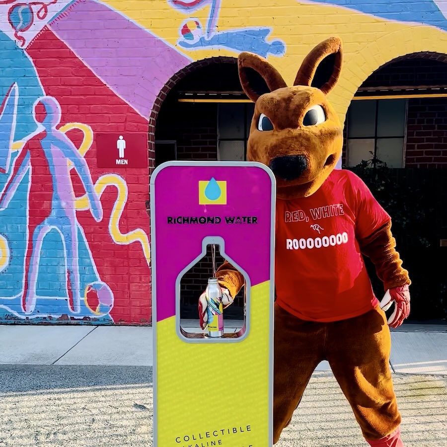 Richmond Kickers mascot Roooo posing with a Richmond Water refill station at City Stadium