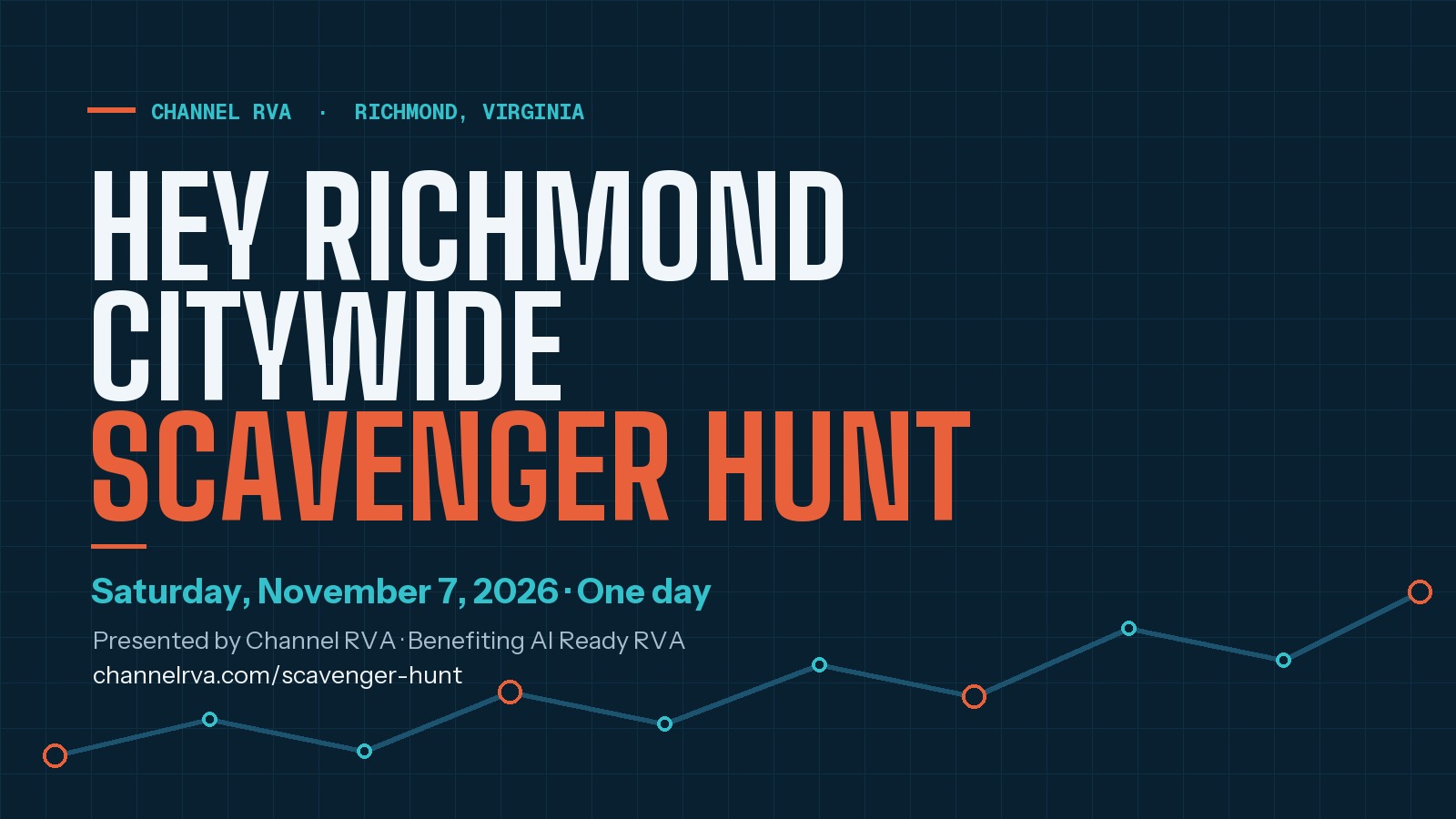 Designed title graphic reading Hey Richmond Citywide Scavenger Hunt, Saturday, November 7, 2026, presented by Channel RVA